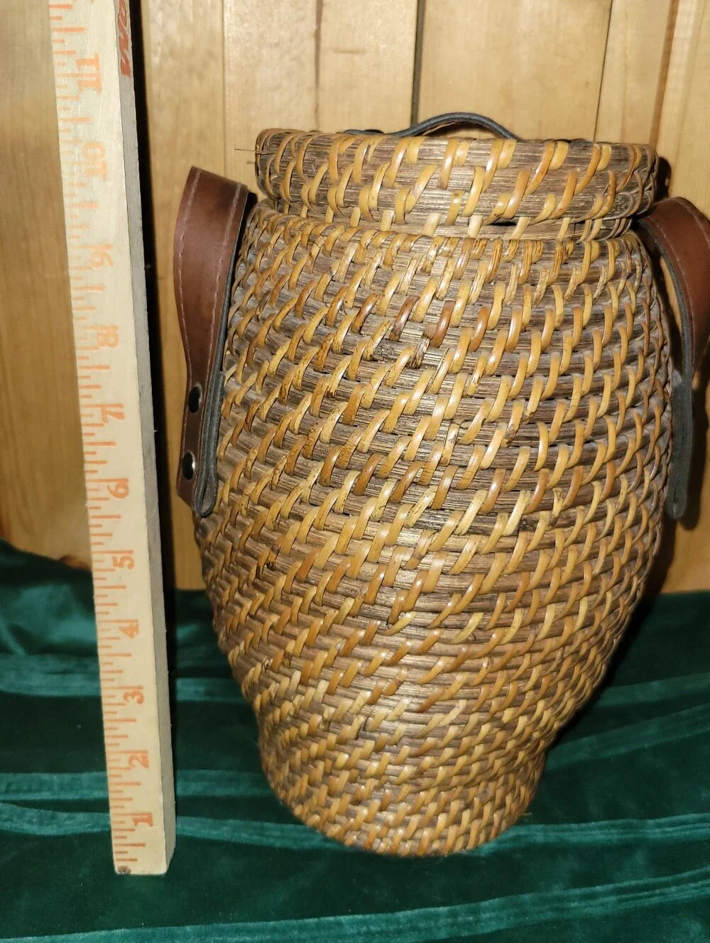 Vintage Lidded Rattan Urn Basket Floor Vase w/ Leather Handles Boho